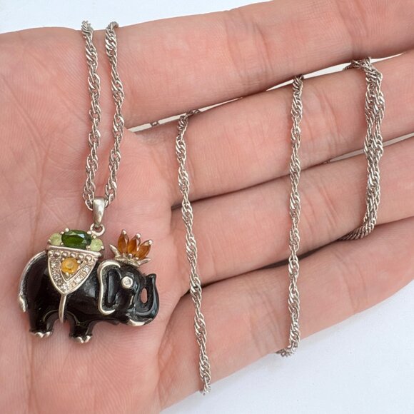 VTG Sterling Silver 925 Multi-Gemstone Elephant Pendant Necklace Size 24" Length - Picture 5 of 13